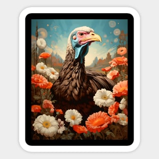 Retro Rustic Farm Turkey in the Flowers - Vintage Bird Art Sticker